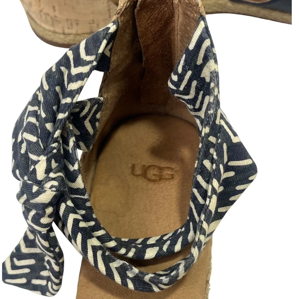 UGG Idina‎ Navy Blue Espadrille Sandal Striped Ankle Tie Zip Cork Heel Size 8.5